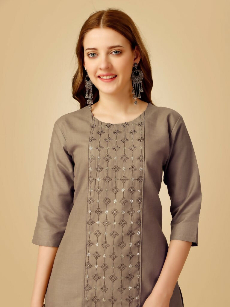Jyoti Fashion Women's Khaki Cotton Blend Embroidered Kurta Pant Set