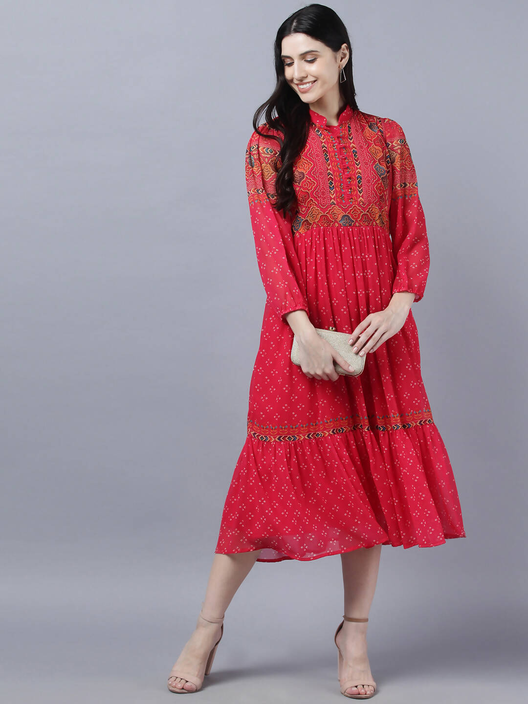 Myshka Stylish Red 3/4 Sleeve Women's Dress
