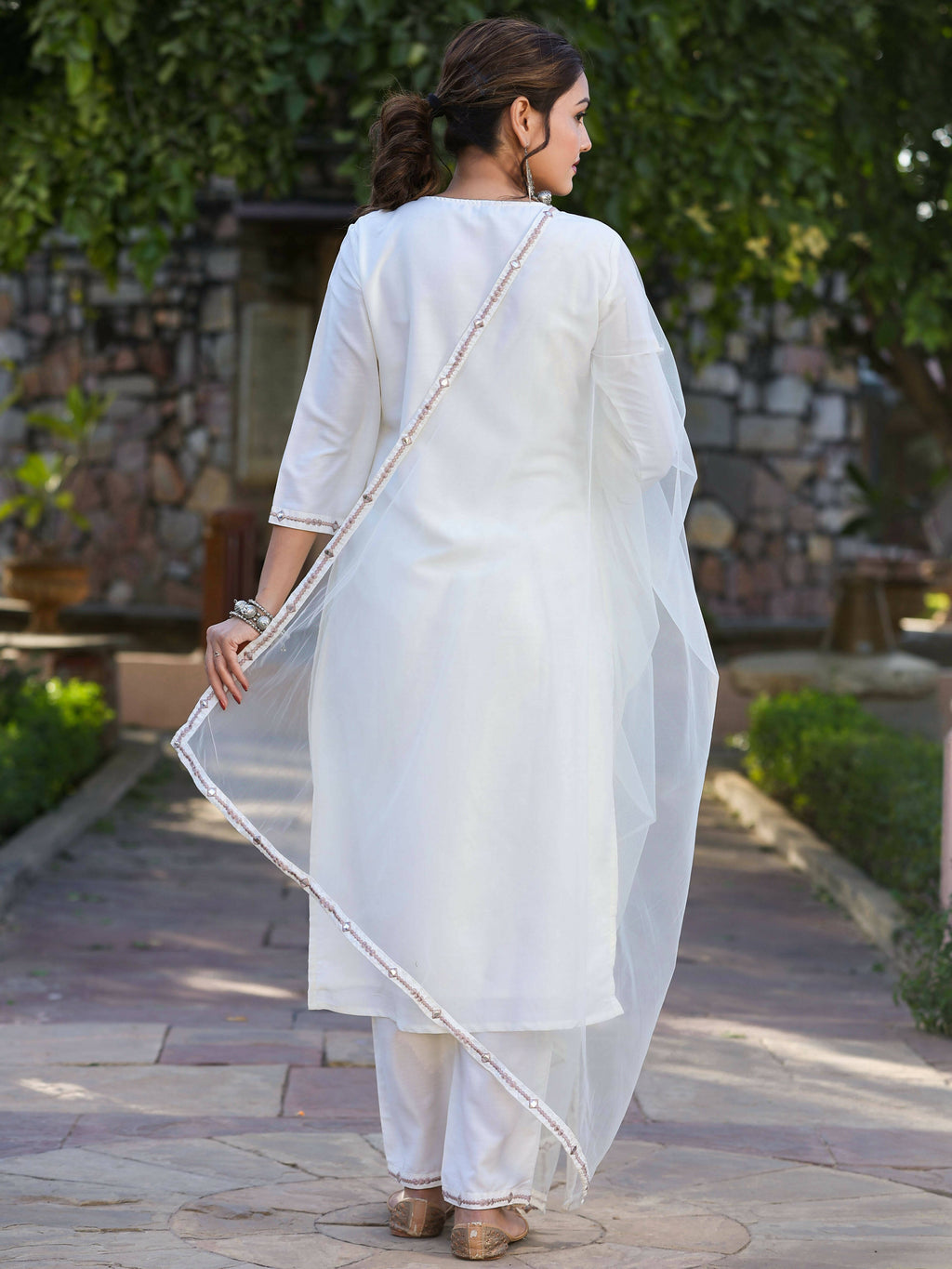 Juniper Women's Off-White Chinnon Embroidered Kurta Pant Dupatta Set
