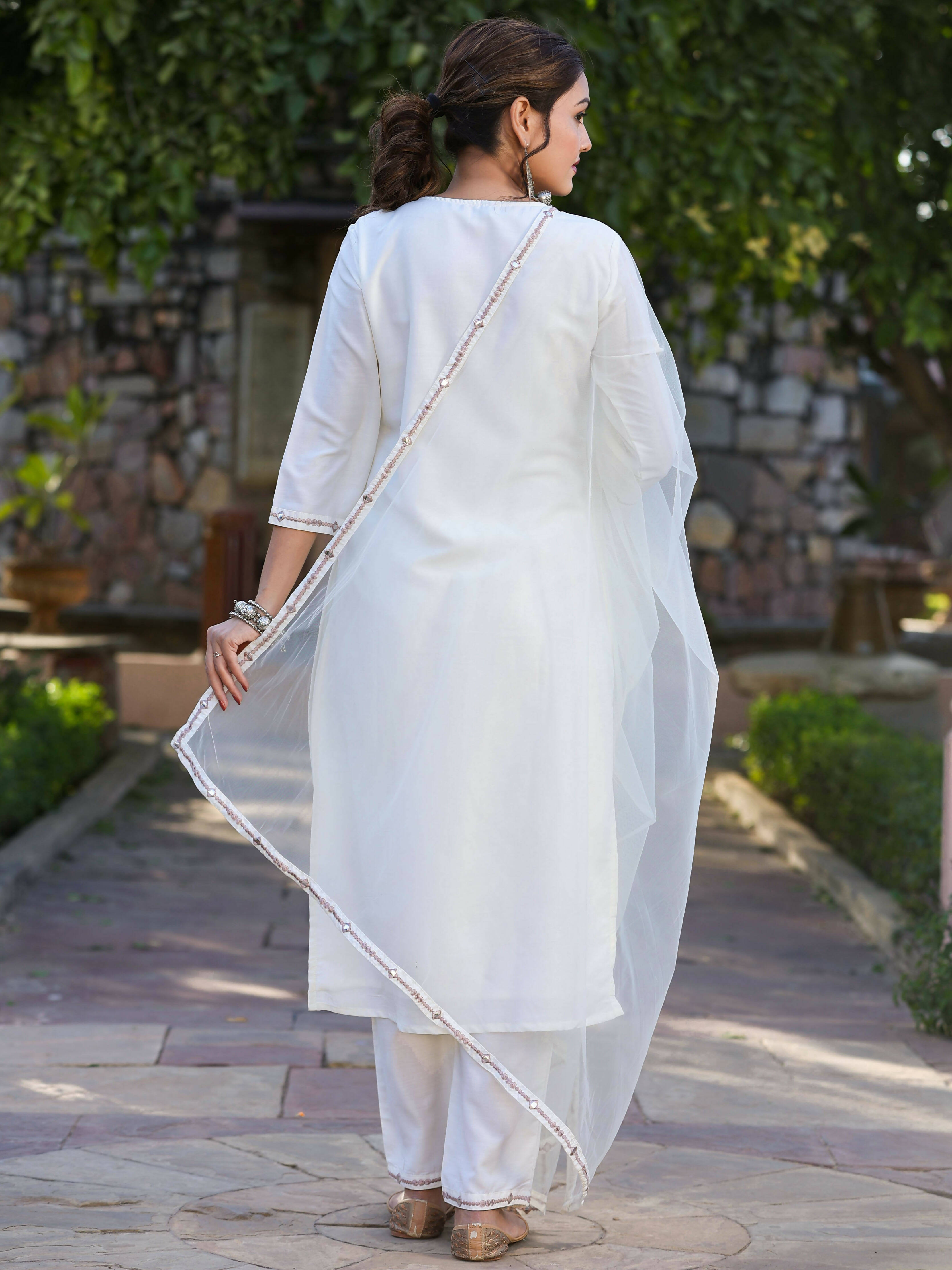Juniper Women's Off-White Chinnon Embroidered Kurta Pant Dupatta Set