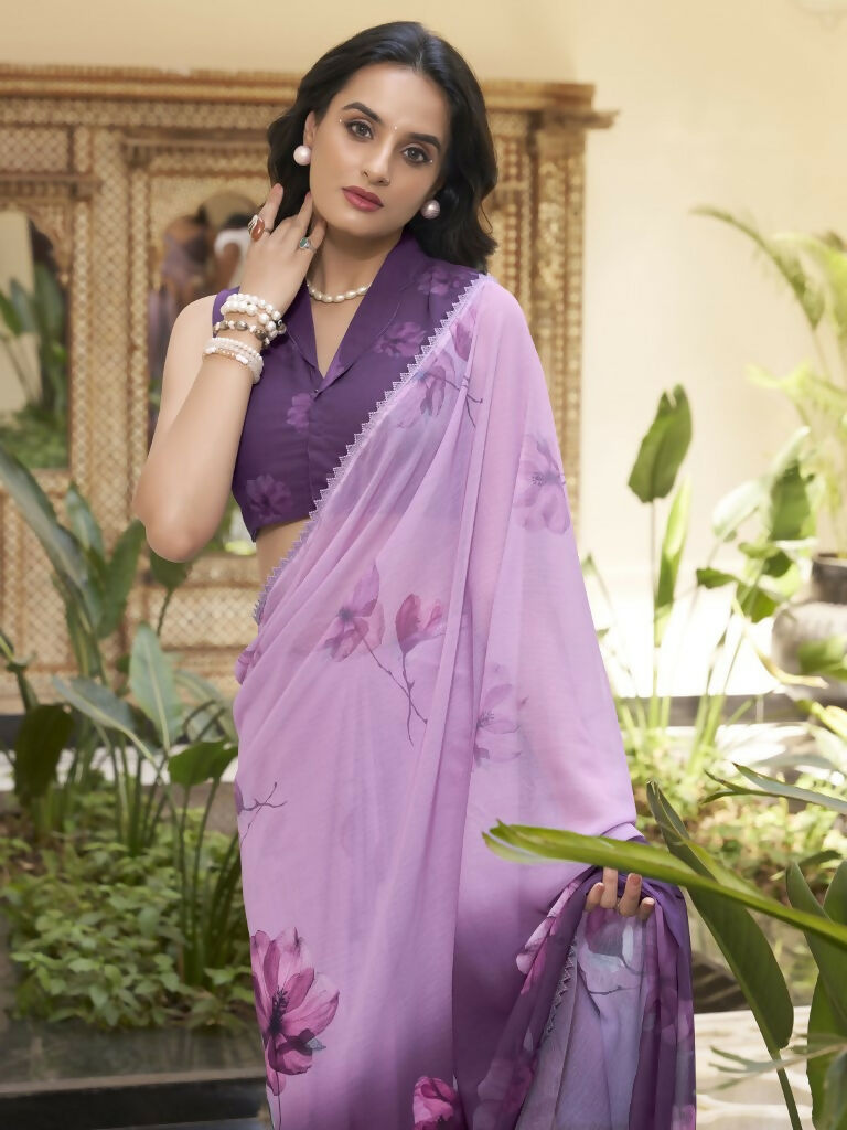 Vastranavya Lavender Weightless Marble Printed & Trim Lace Border Saree with Unstitched Blouse