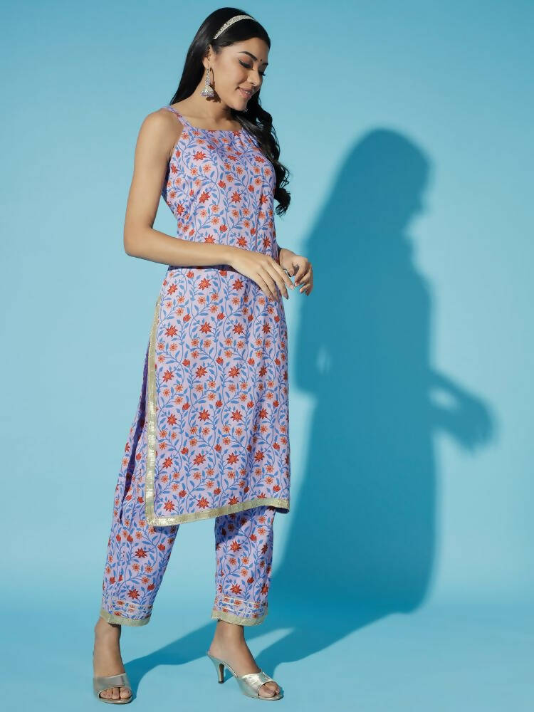 Myshka Women Printed Lavender Kurta & Trousers With Dupatta