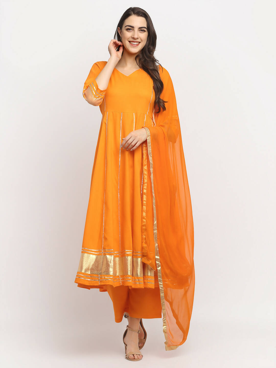Rudra Bazaar Orange Anarkali Lace Work Kurta with Pyjamas & Dupatta