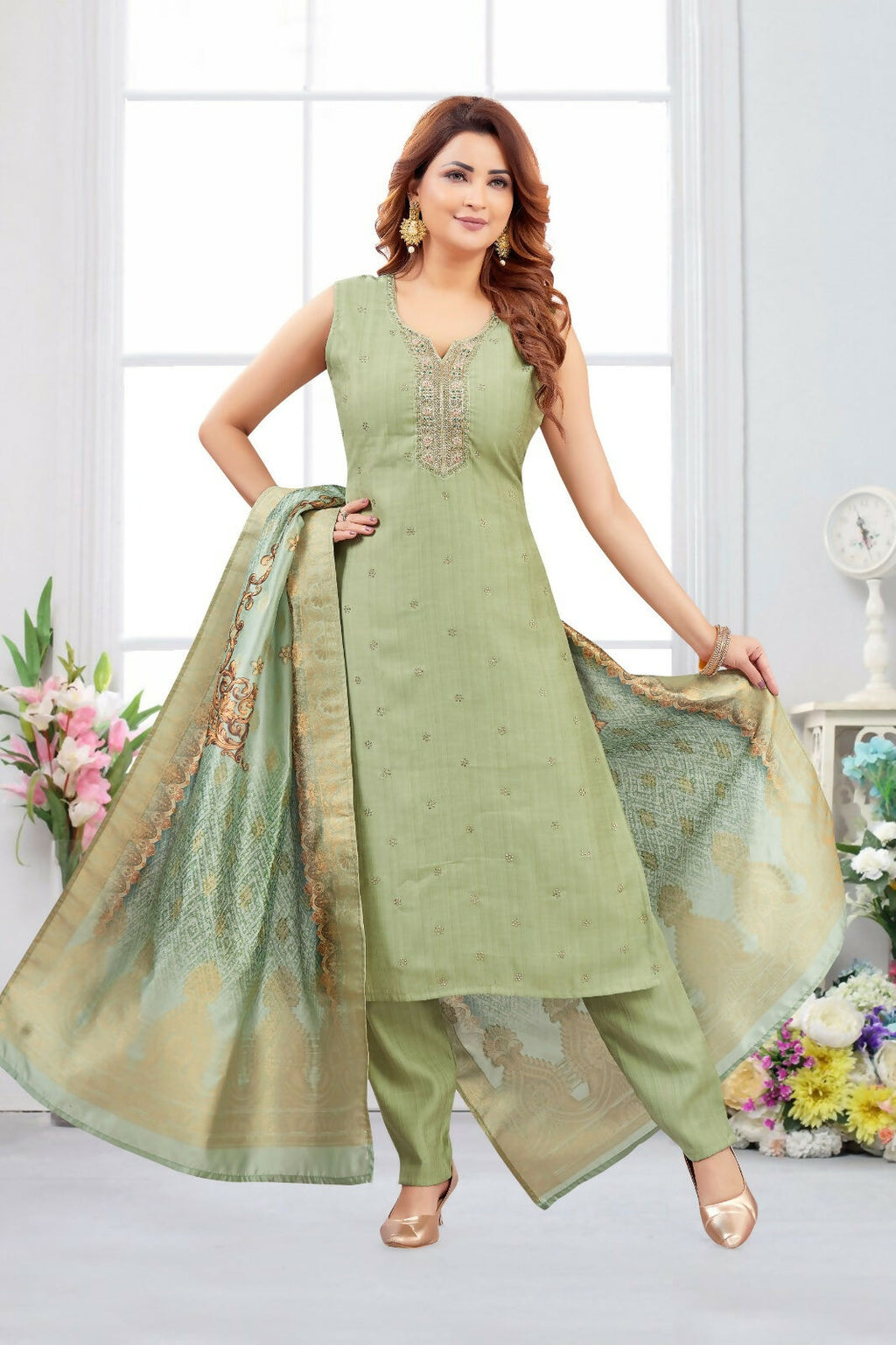 Joban Fashion Jacquard Pista Color Kurta Set