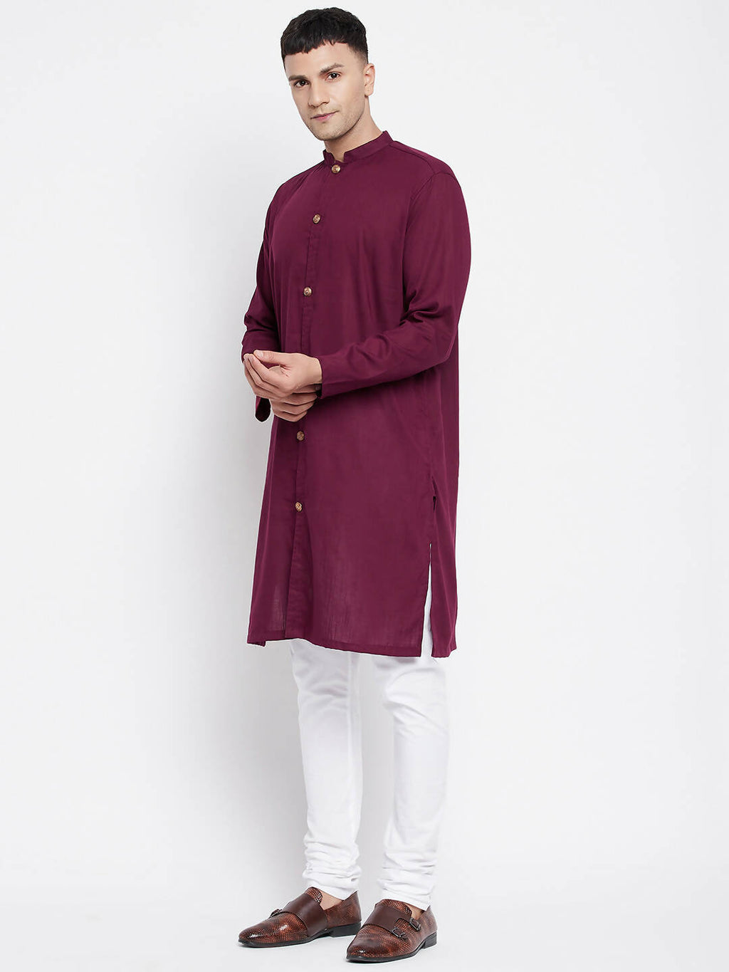 Even Apparels Maroon Pure Cotton Men's Sherwani Kurta With Open Front