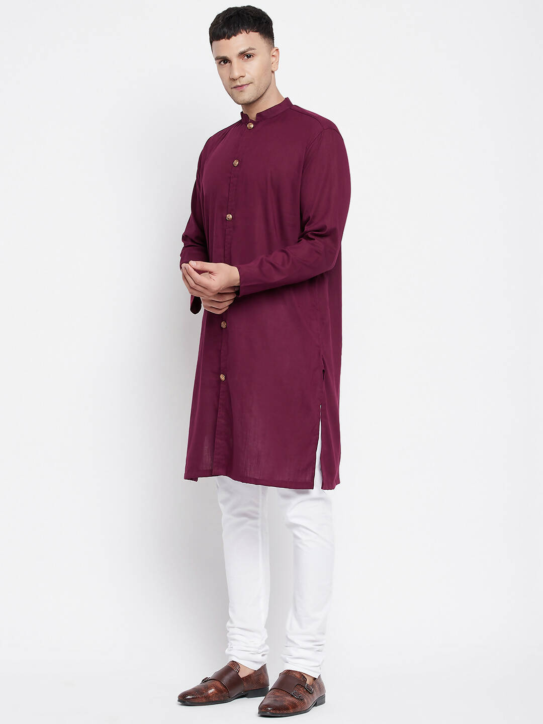Even Apparels Maroon Pure Cotton Men's Sherwani Kurta With Open Front