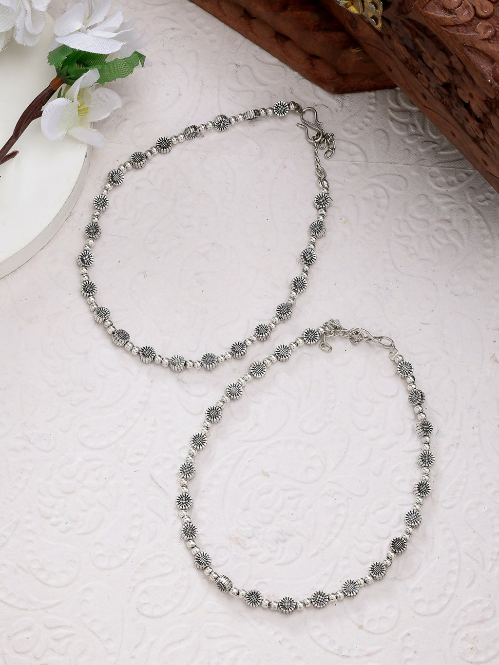 NVR Women's Set of 2 Silver-Plated German Silver Anklets