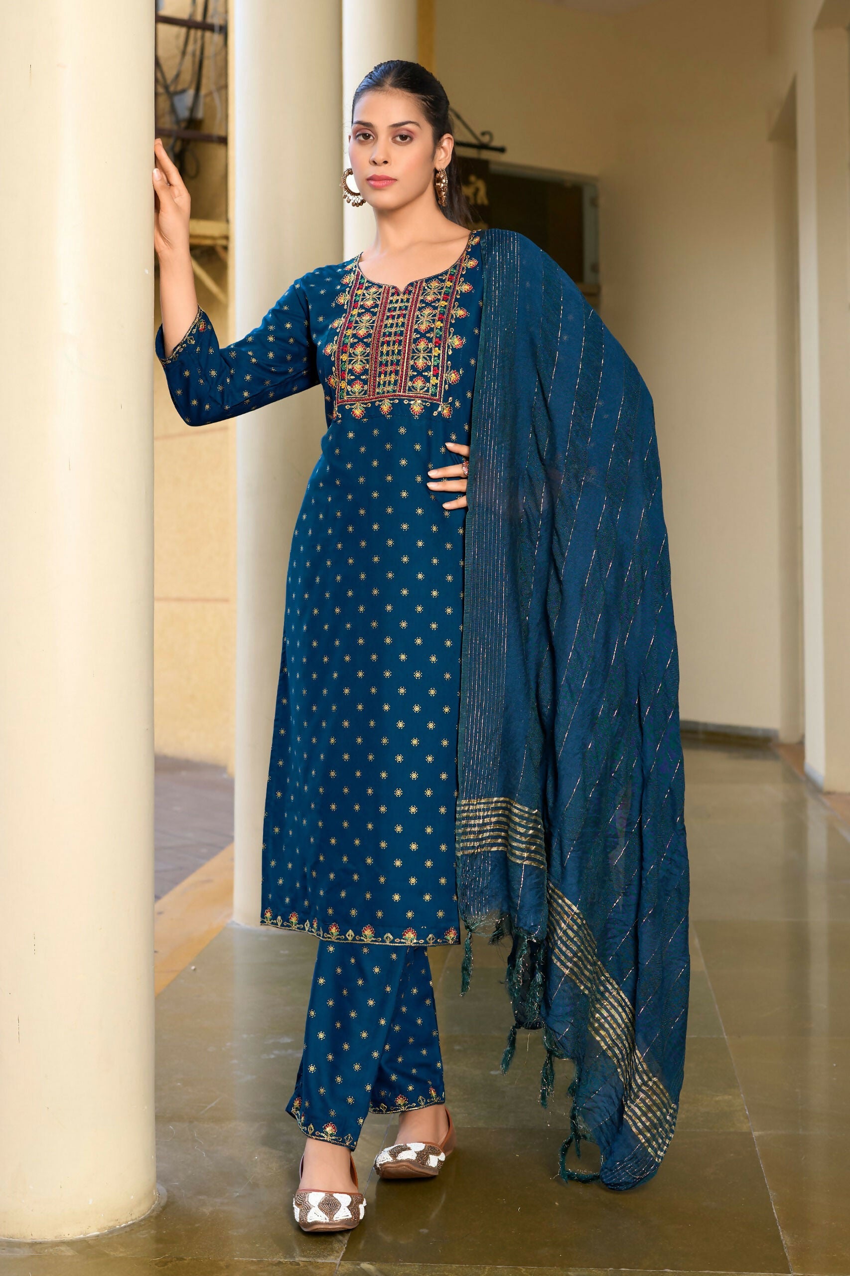 Jyoti Fashion Women's Morpich 14KG Rayon Foil Print with Embroidery Kurta Set