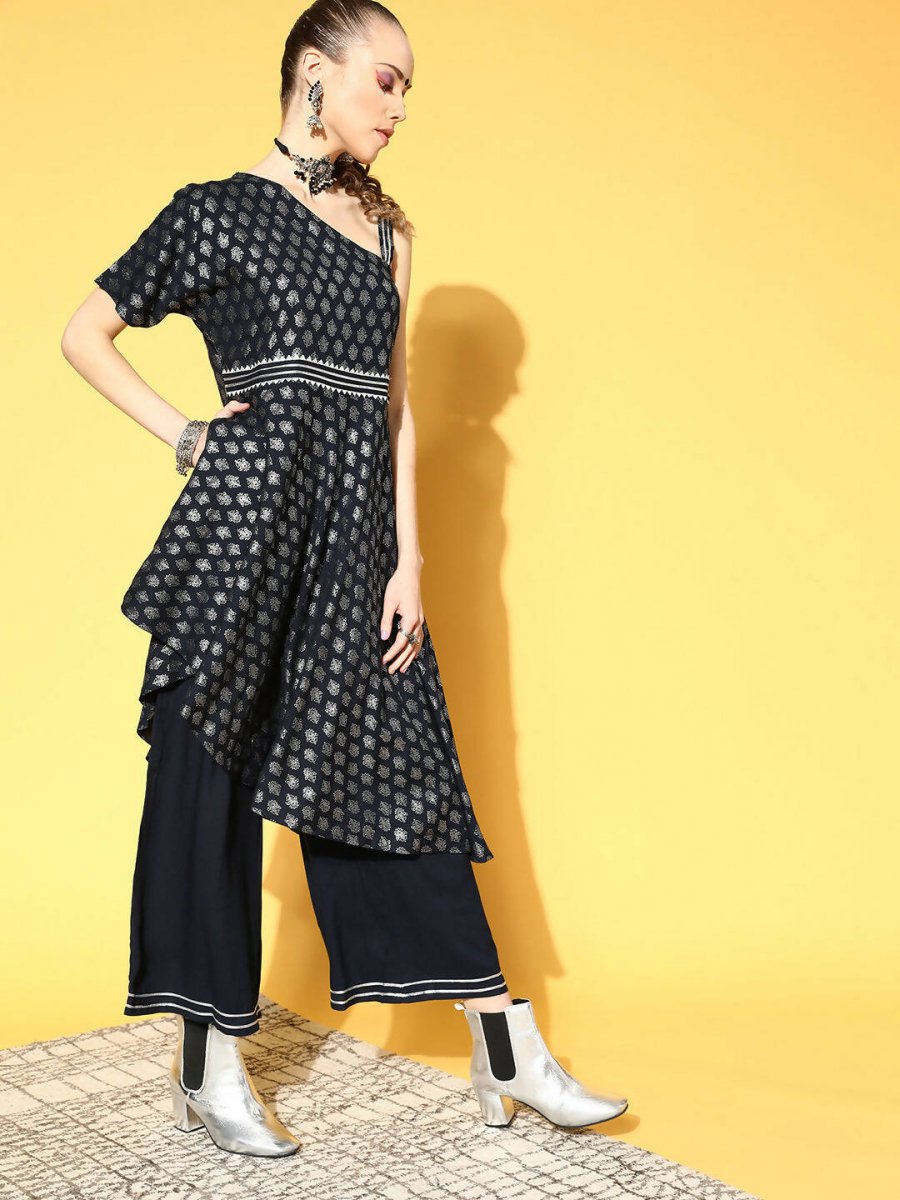 Ahalyaa Women Navy Blue Colour Rayon Silver Foil Printed Top Palazzo Set