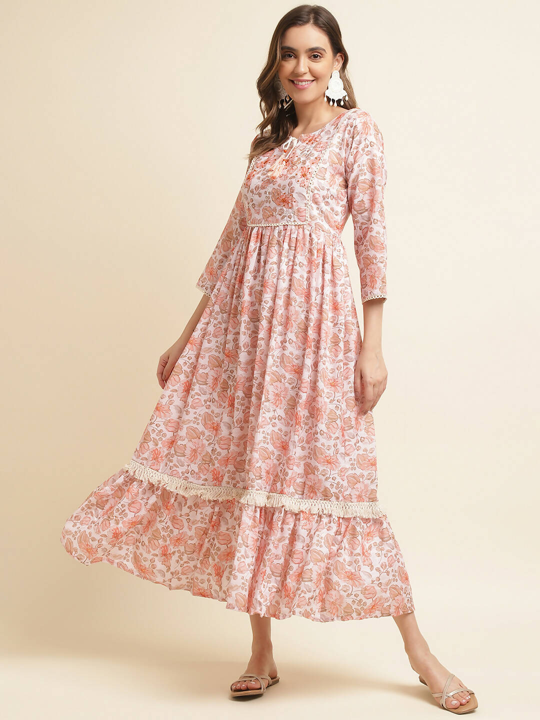 Orange Linen Floral Printed Fit & Flare Dress - Yukti