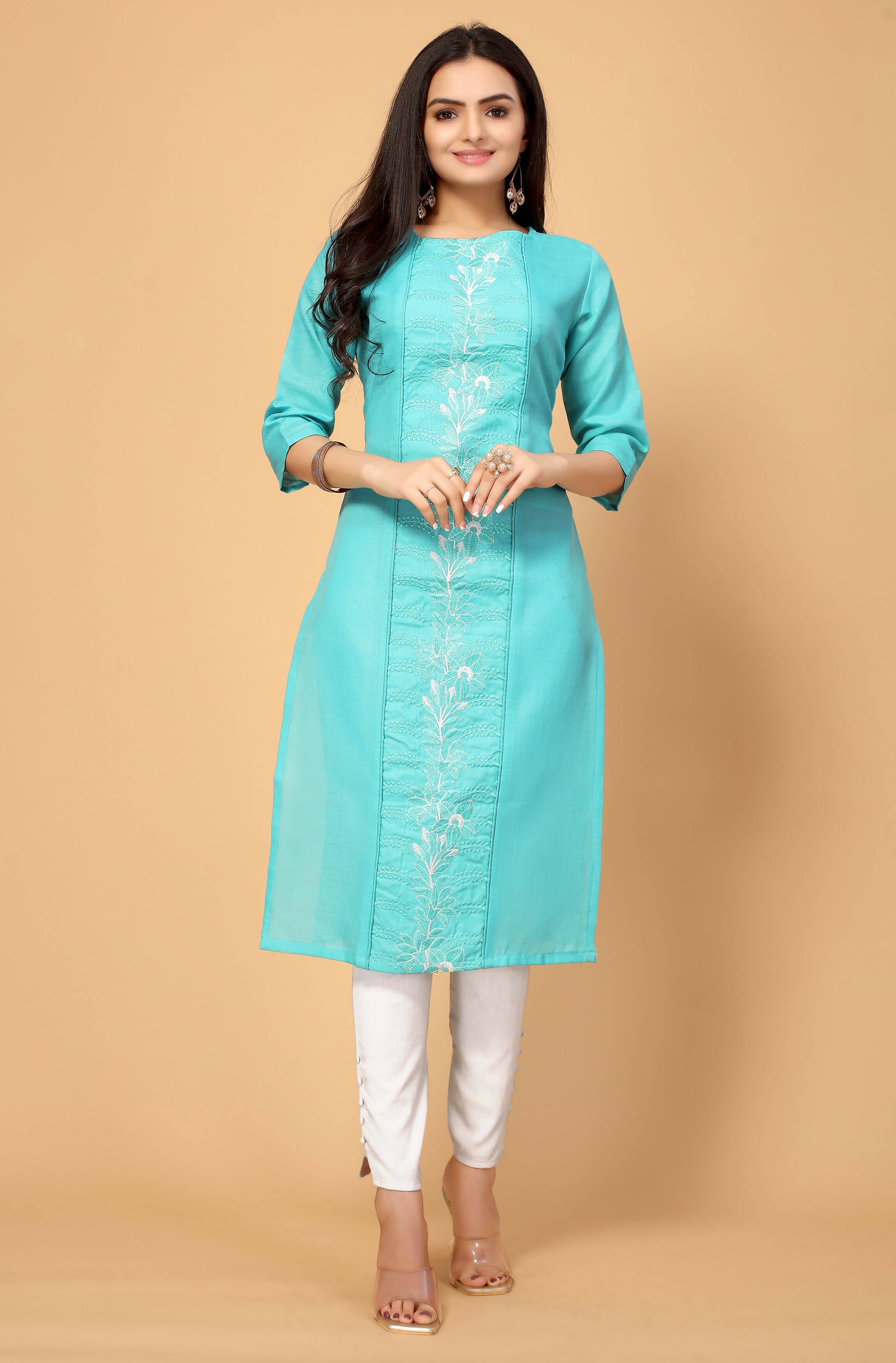 Light Green Cottan Slub Embroidery Kurti - Umi
