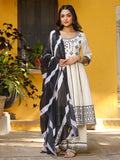 Juniper Women's Black & White Cotton Embroidered Anarkali Kurta Pants & Dupatta Set