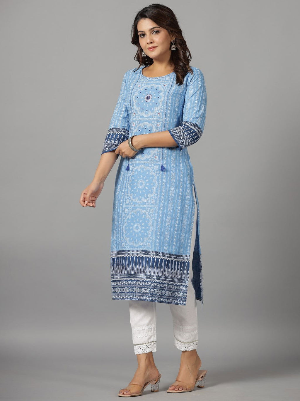 Juniper Women's Blue Ethnic Motif Printed Rayon Slub Kurta With Beads & Sequins