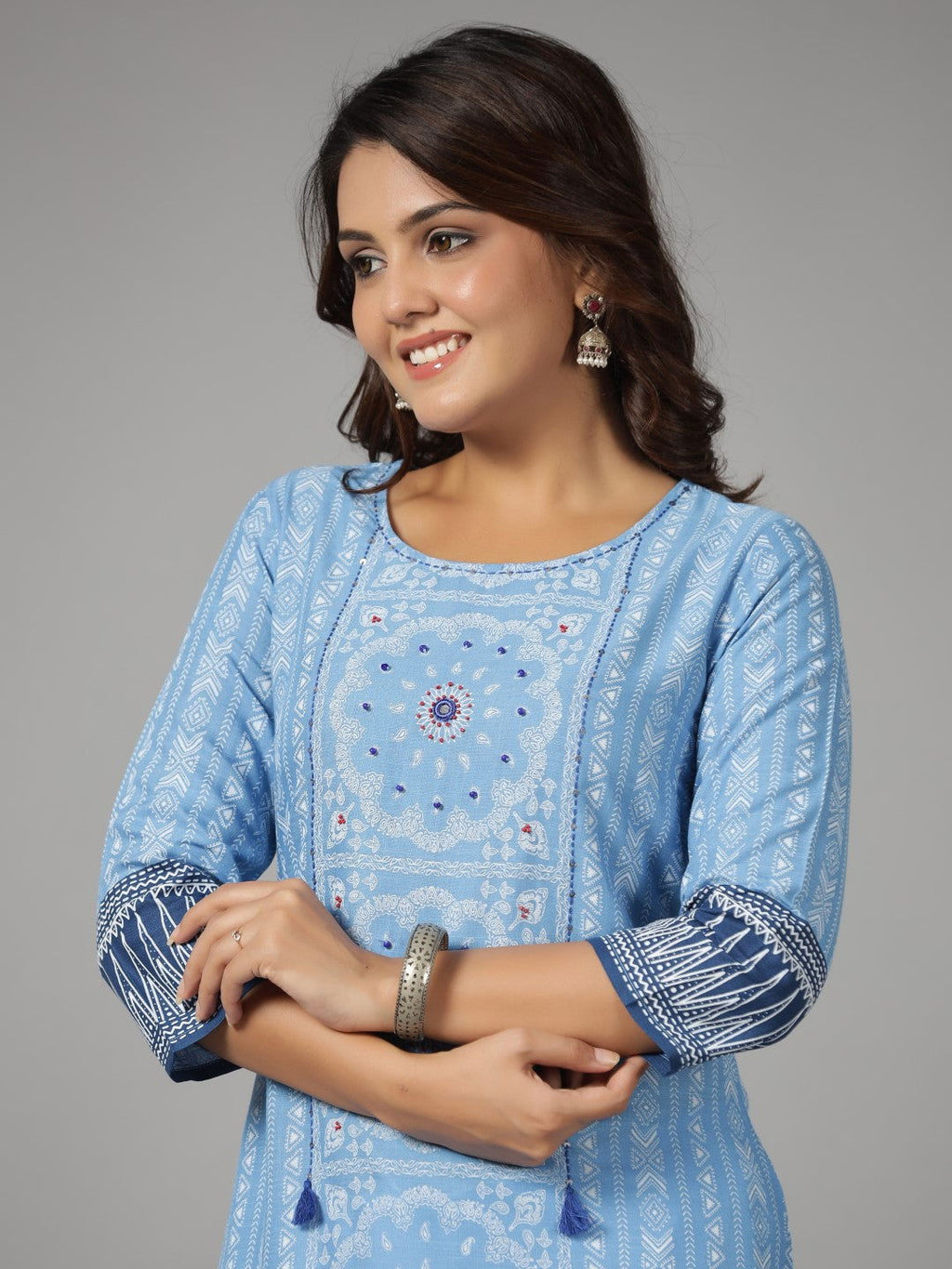 Juniper Women's Blue Ethnic Motif Printed Rayon Slub Kurta With Beads & Sequins