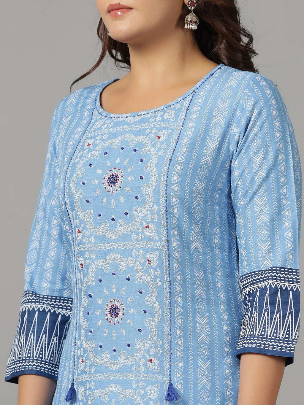 Juniper Women's Blue Ethnic Motif Printed Rayon Slub Kurta With Beads & Sequins