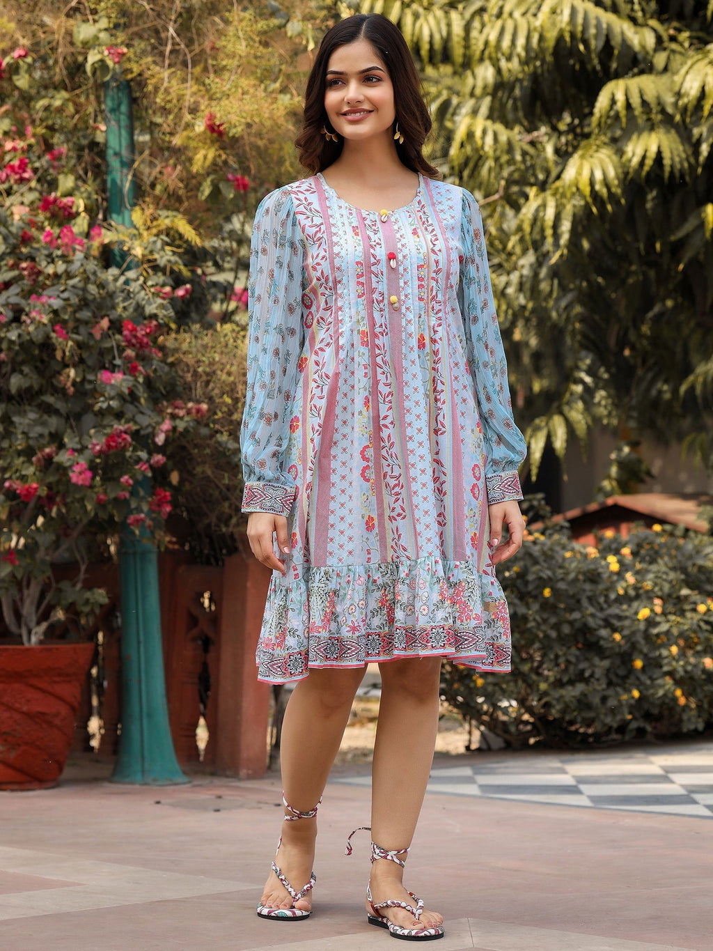 Juniper Women's Blue Floral Printed Pure Cotton Short Dress With Sequence Work