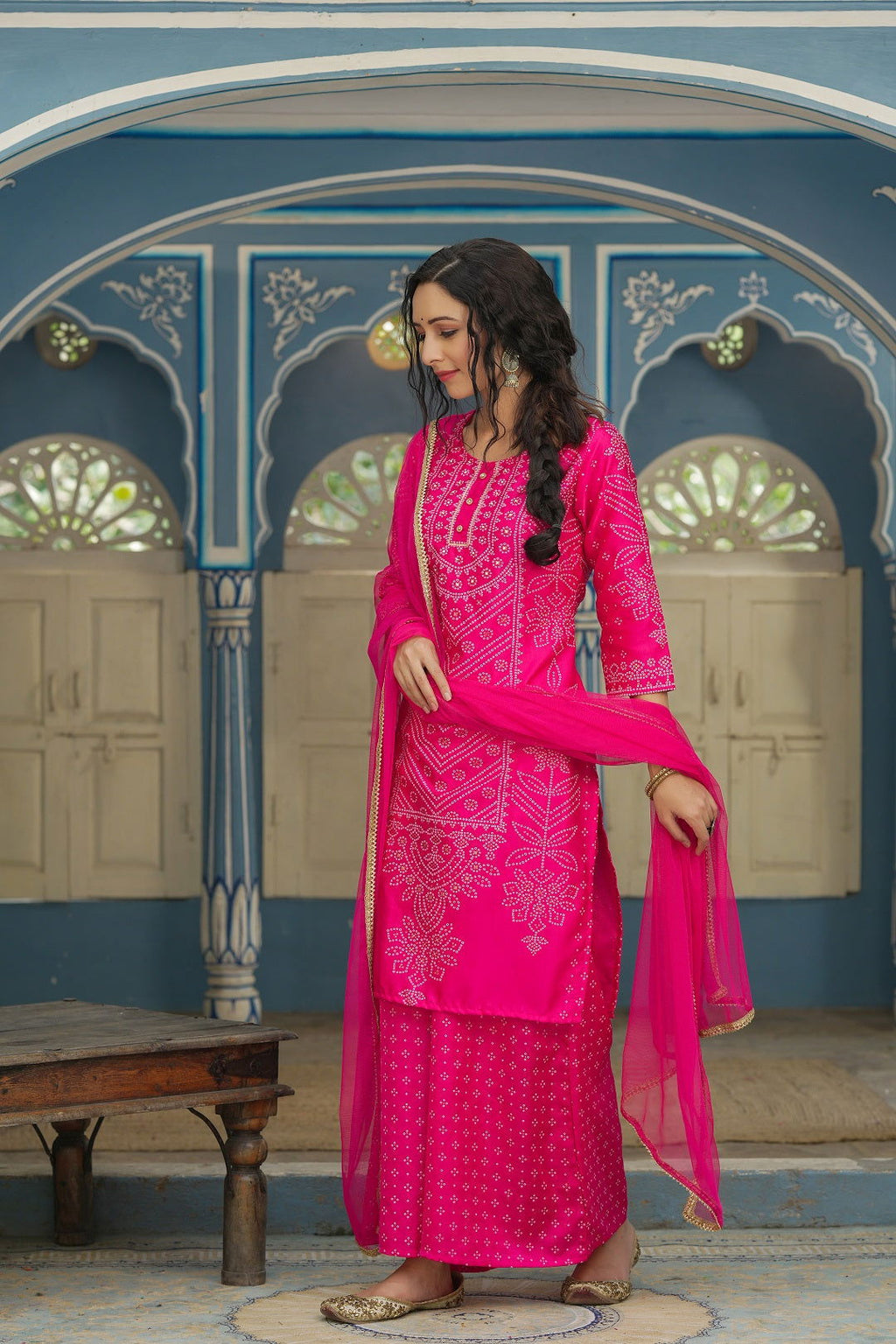 Juniper Women's Fuchsia Bandhani Printed Satin Kurta Palazzo & Net Dupatta Set With Beads & Lace Work