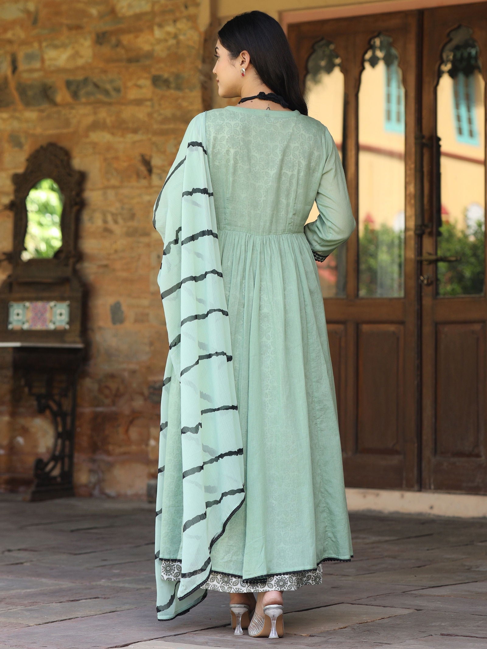 Juniper Women's Green & Black Cotton Embroidered Anarkali Dress With Jacket & Tie-Dye Dupatta