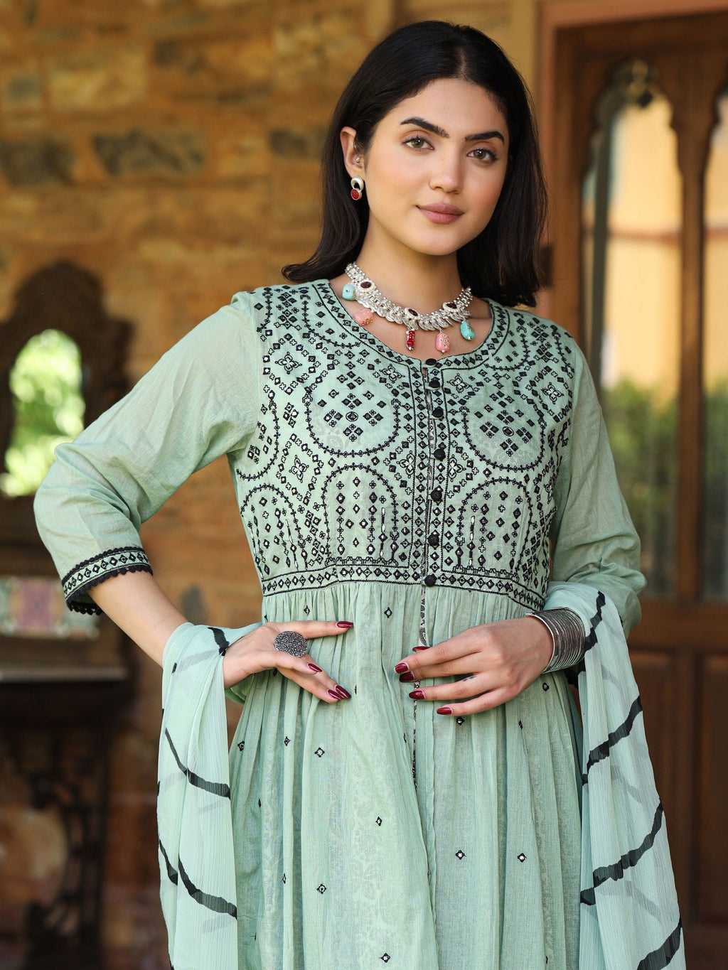 Juniper Women's Green & Black Cotton Embroidered Anarkali Dress With Jacket & Tie-Dye Dupatta