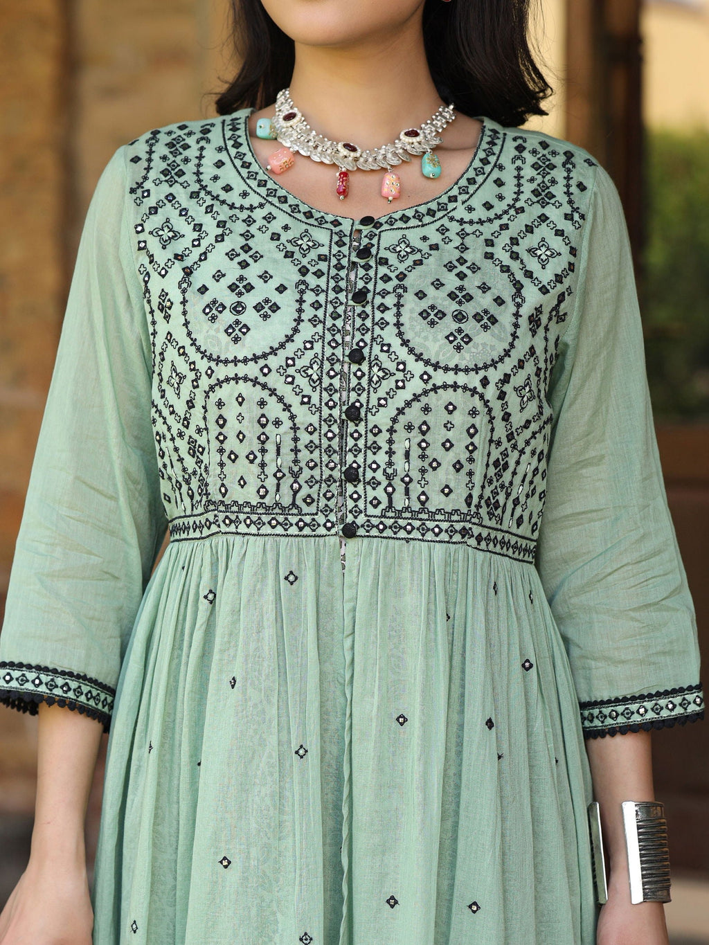 Juniper Women's Green & Black Cotton Embroidered Anarkali Dress With Jacket & Tie-Dye Dupatta