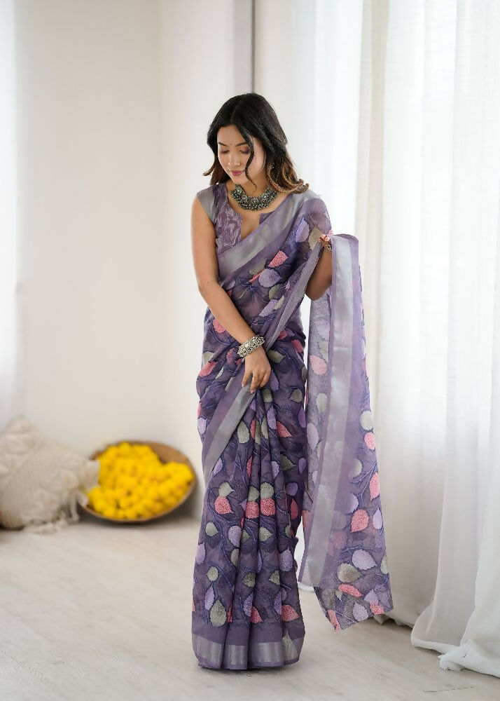 PR Fashion Lavender Linen Patta Printed Saree