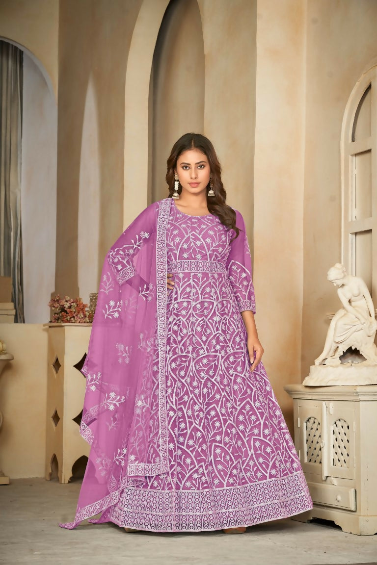 Jyoti Fashion Women's Purple Net Embroidered Anarkali Kurta Pant Set With Dupatta