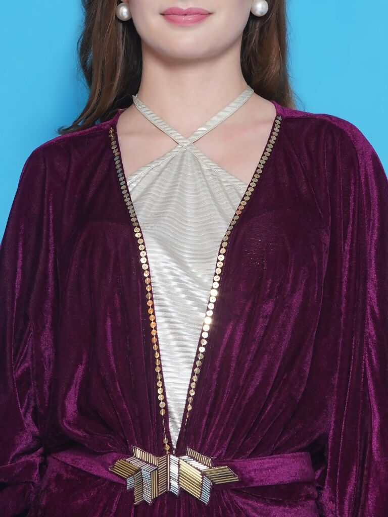 Joban Fashion Wine Velvet Gown With Silver Halter Neck Ineer