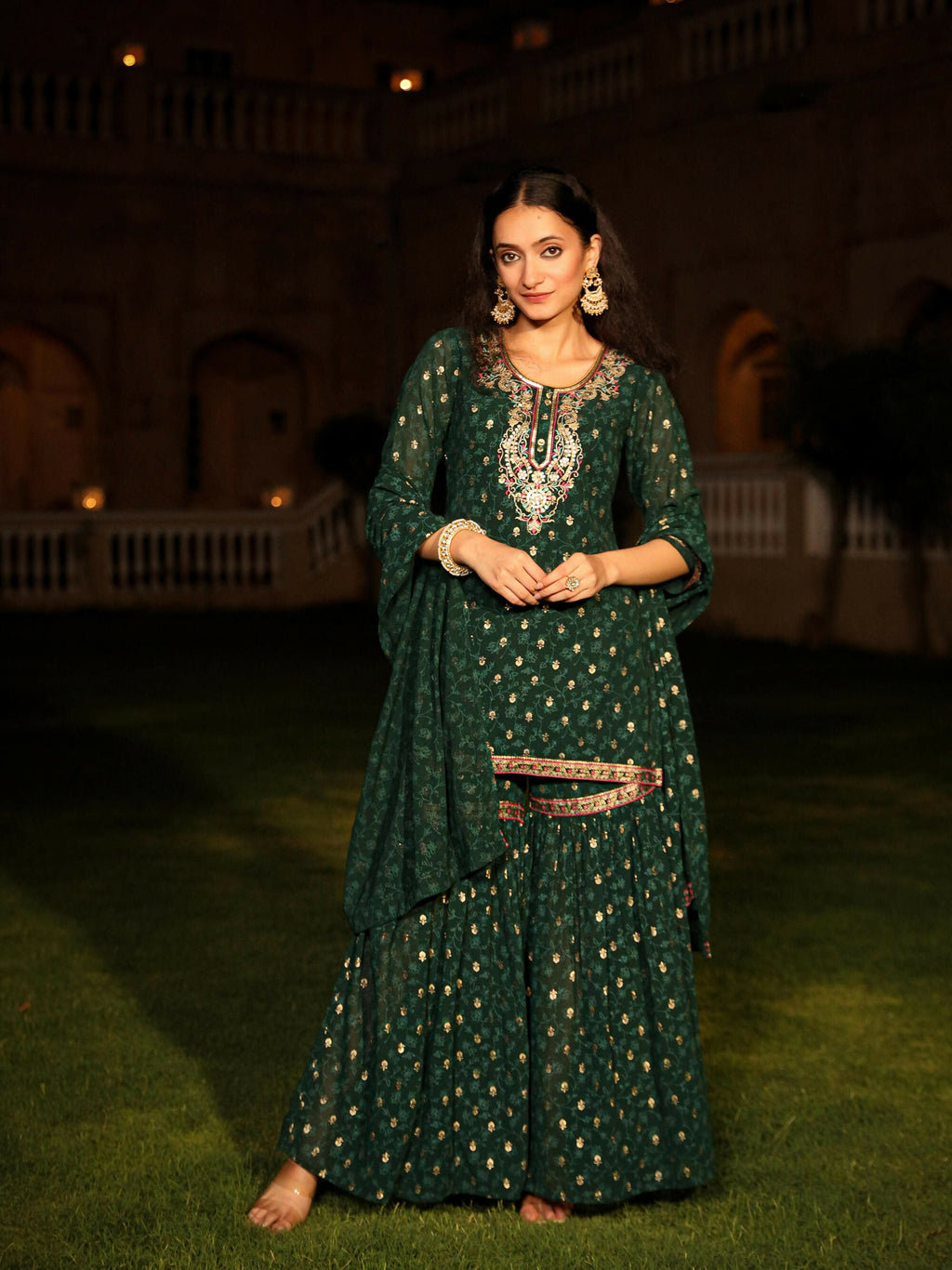 Juniper Women's The Swarn Jade Green Ethnic Motif Printed Georgette Kurta Pant And Dupatta With Sequins & Zari Work
