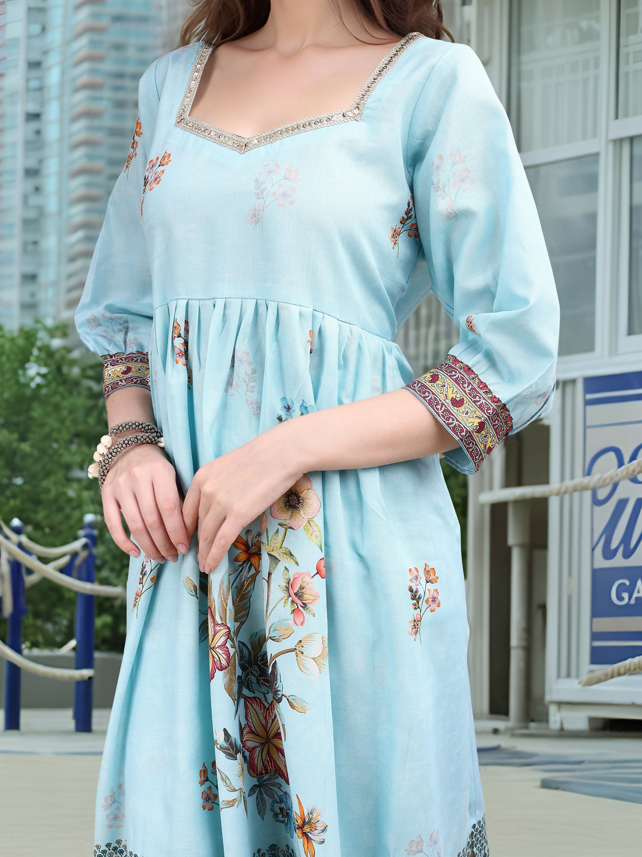 Joban Fashion Sky Blue Positive Digital Print With Position Foil Kurta Set