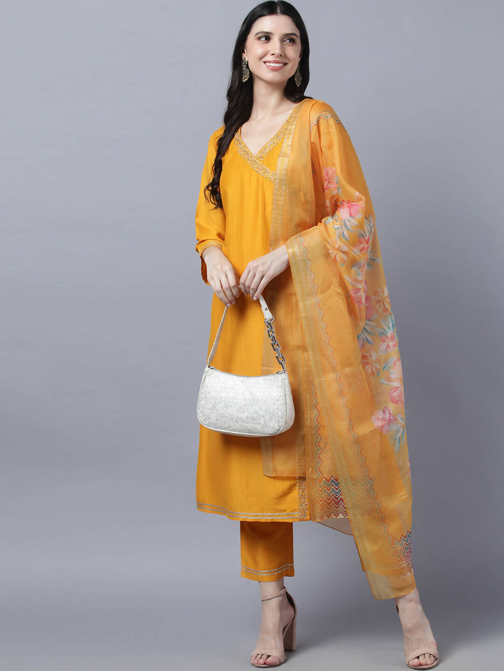 Myshka Stylish Mustard 3/4 Sleeve Women's Kurta Pant with Dupatta Set