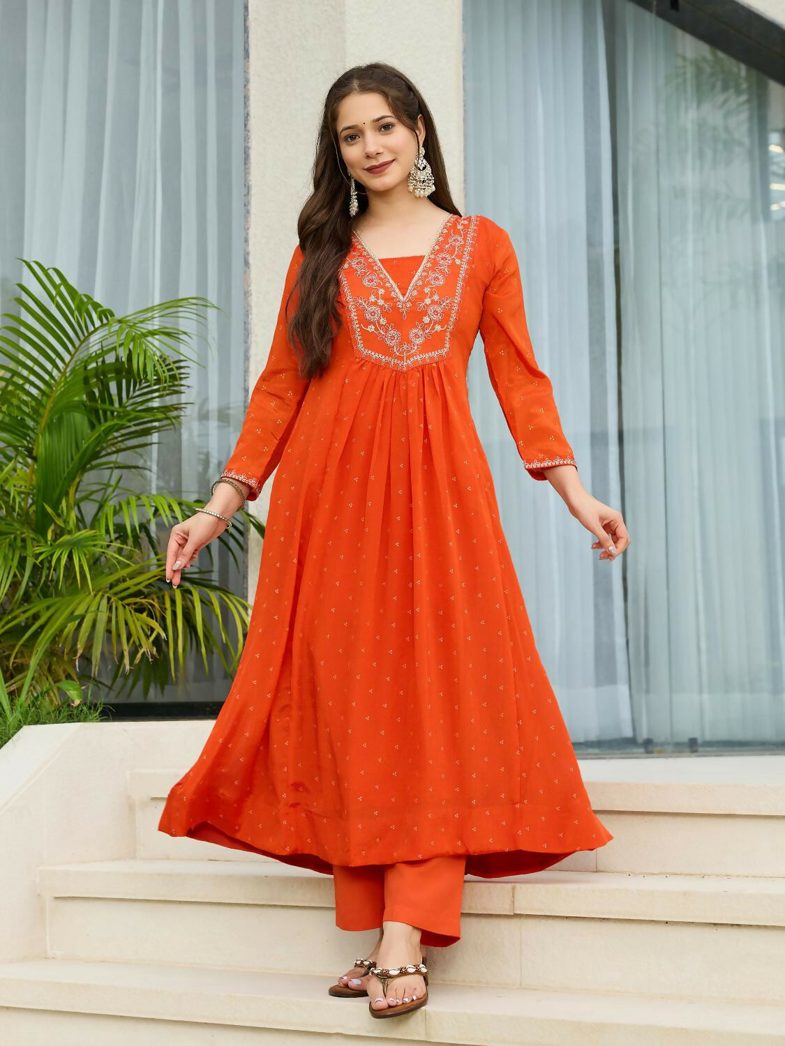 The52 Orange Women's Gorgeous Embroidered Chinon Fabric Flared Kurta Pant and Dupatta Set