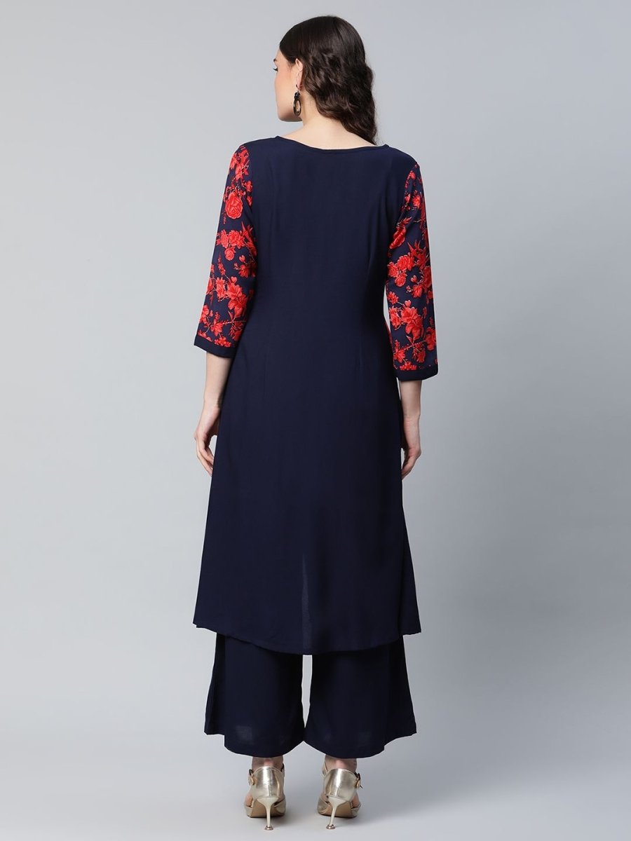 Ahalyaa Women's Navy Blue Rayon Wax Printed Kurta Palazzo Set
