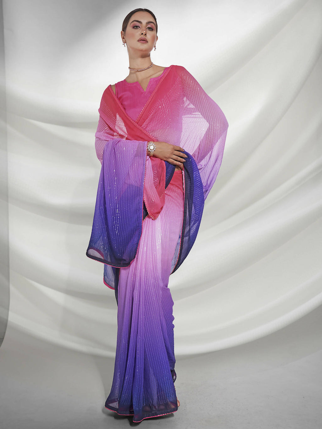 Pink Georgette Sequence Embroidery Saree With Unstitched Blouse Piece - Rajal