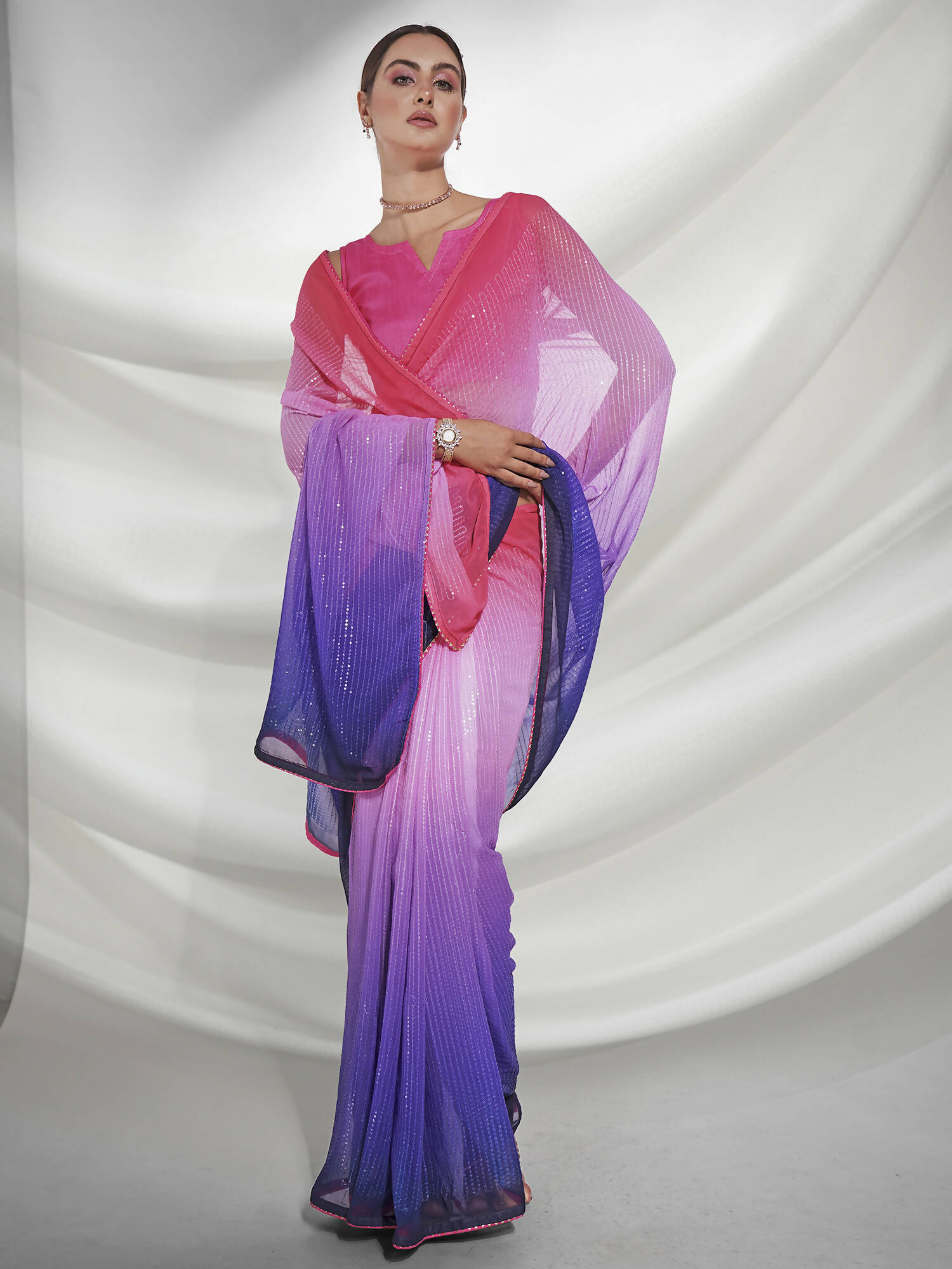 Pink Georgette Sequence Embroidery Saree With Unstitched Blouse Piece - Rajal