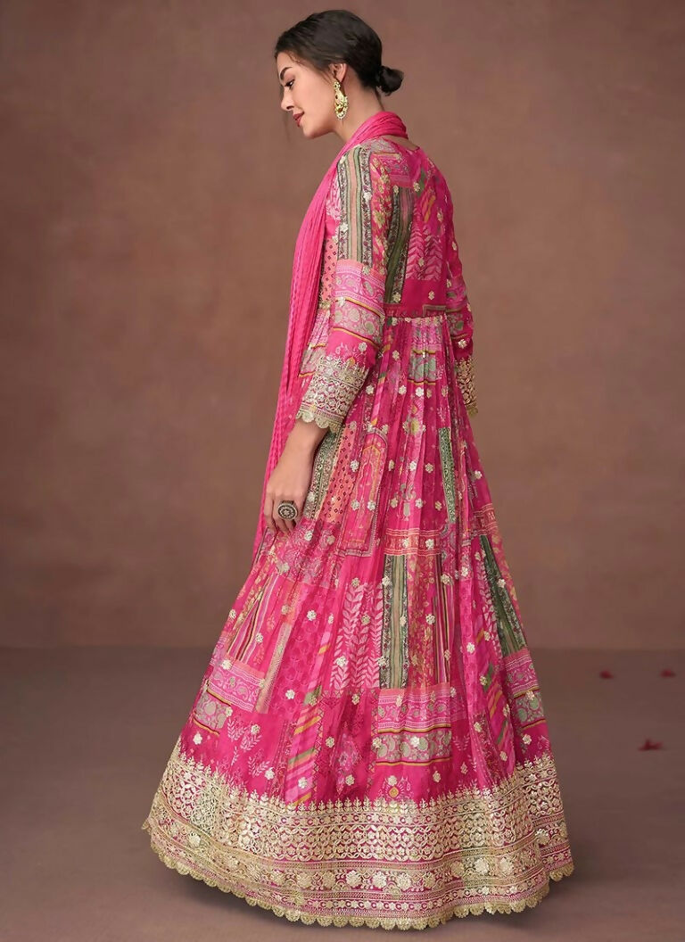 Vastranavya Pink Organza Silk Printed & Foil Mirror Work Anarkali Suit Set