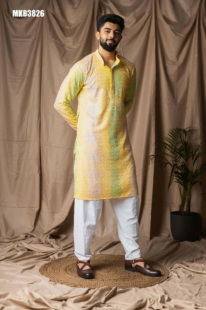 Yellow Rayon Thread Embroidery Work Kurta Set - Mahotsav