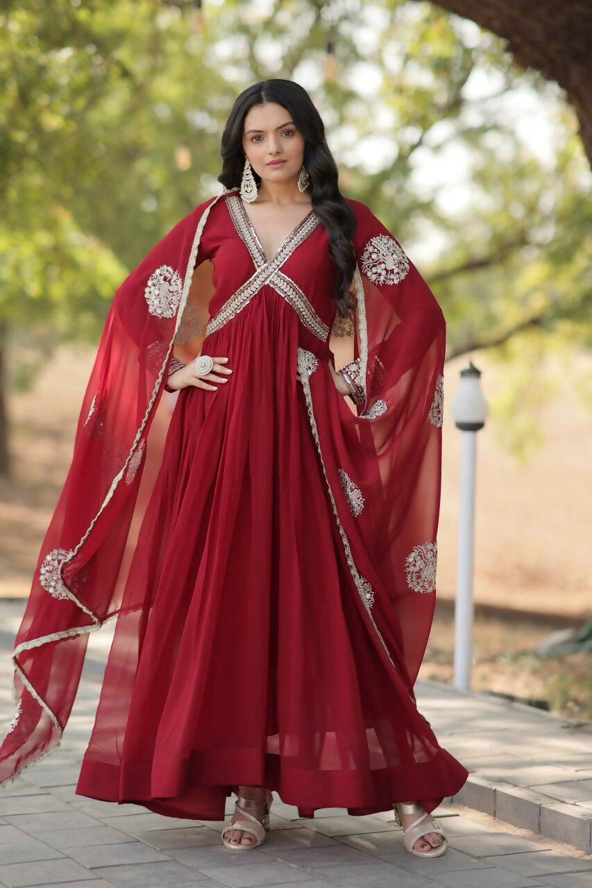 Vastranavya Faux Blooming with Embroidery Zari Sequins-work Gown with Dupatta - Maroon