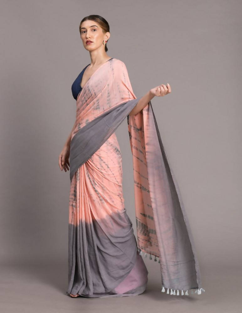 Suta Peach-Coloured Grey Tie Dye Pure Cotton Saree