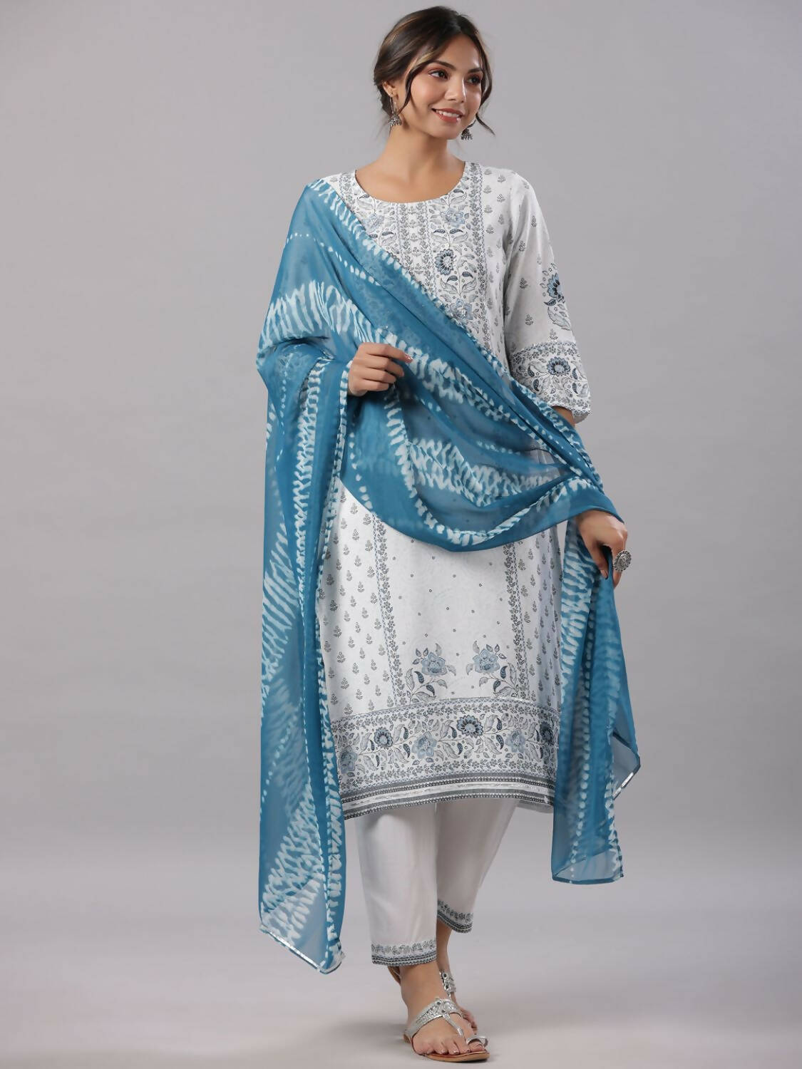 Juniper Women Sky-Blue Rayon Staple Kalamkari Printed Kurta, Pants and Dupatta Set