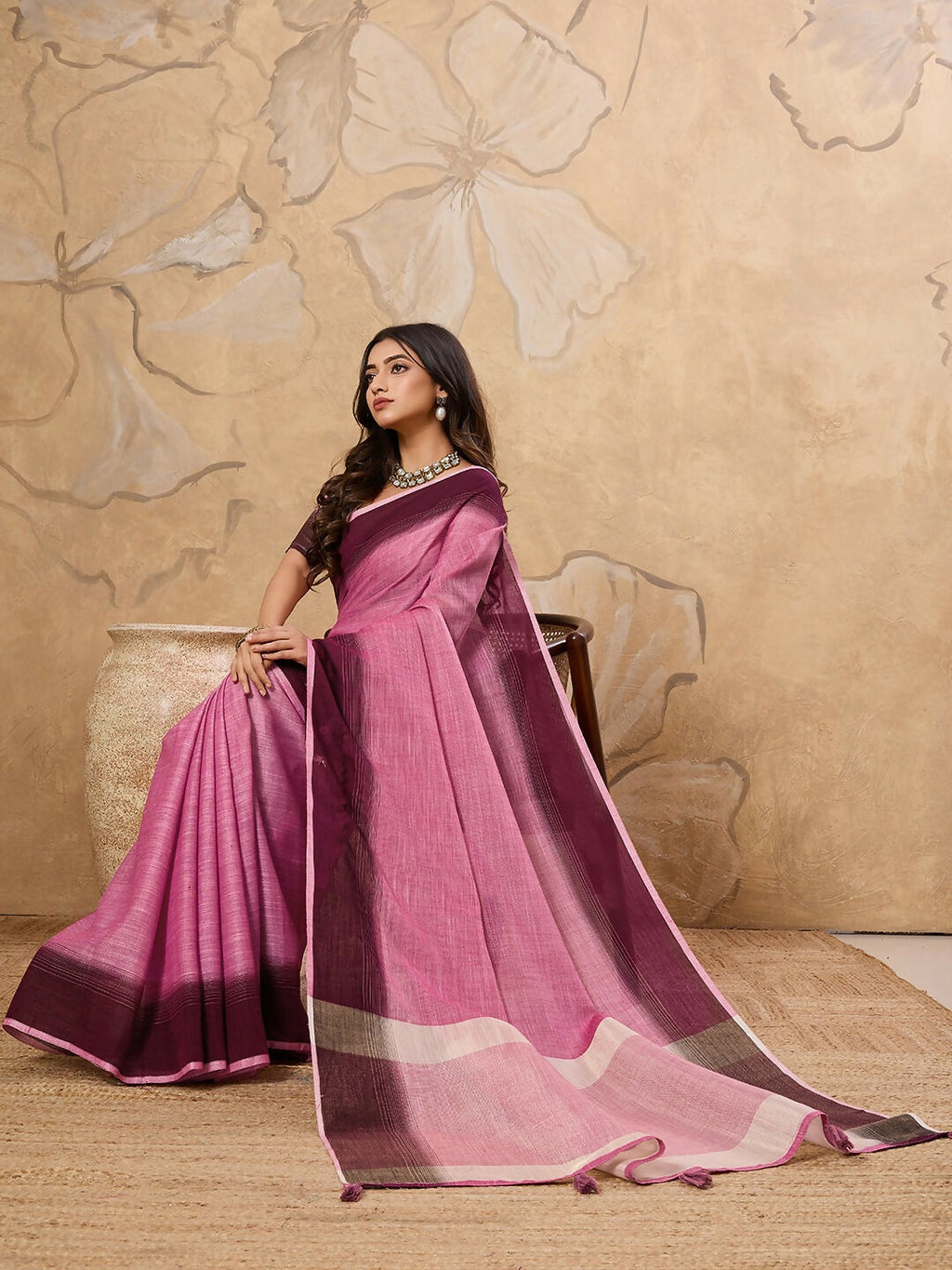Shree Shyam Fashion Rani Pink Linen Saree