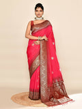 Joban Fashion Rani Pink & Bottle Green Plain With Weaving Border Banarasi Silk Sarees