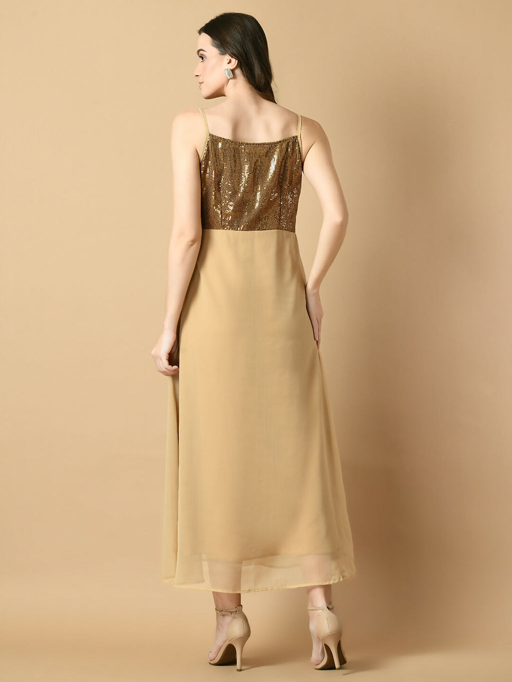 Myshka Women's Beige Solid Georgette Party Dress