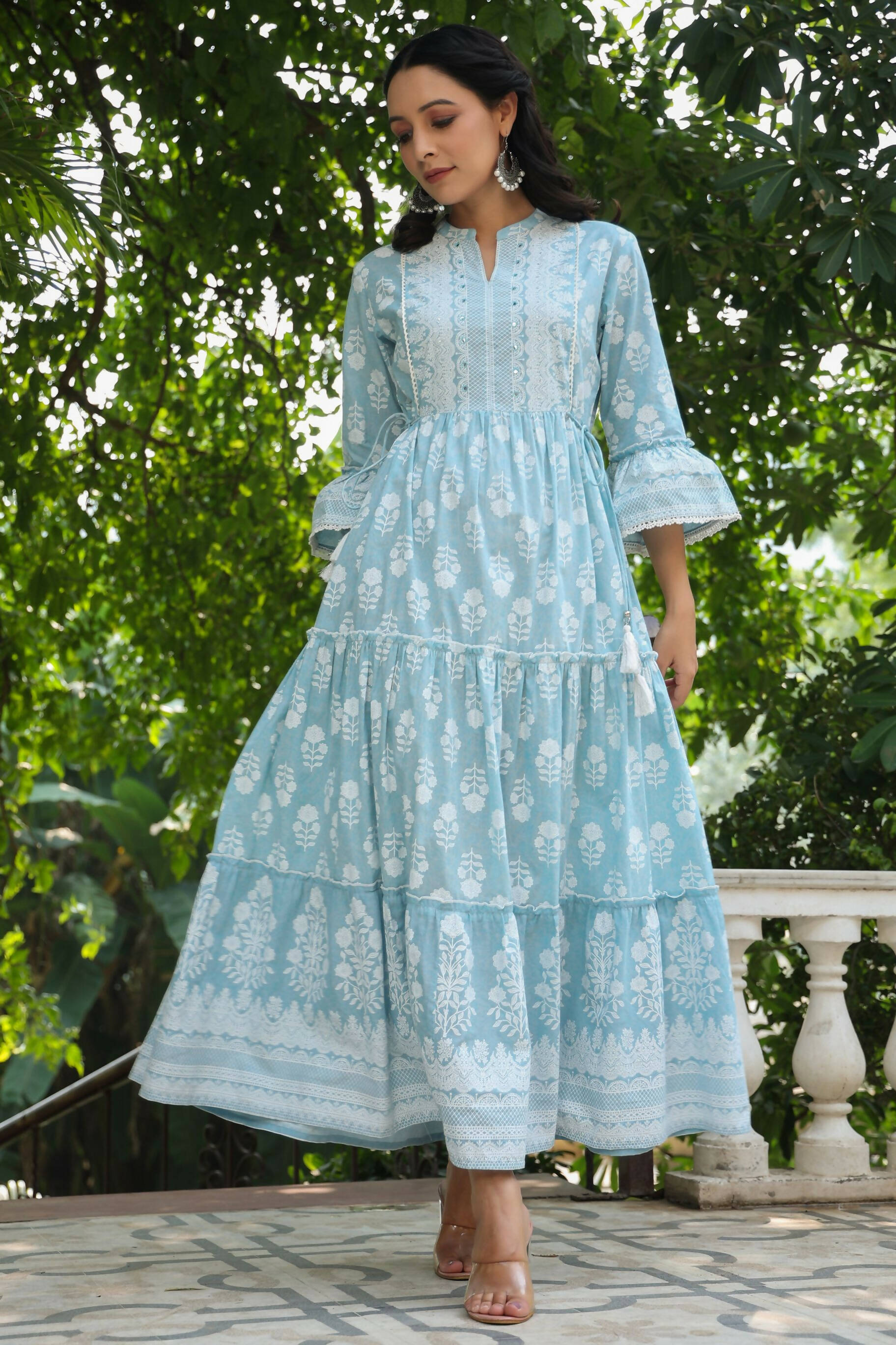 Juniper Women's Skyblue Cambric Floral Printed Maxi Tiered Dress