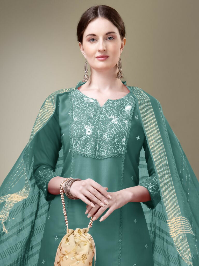 Jyoti Fashion Women's Teal Cotton Blend Embroidery & Fancy Lace work Kurta with Trouser & Dupatta