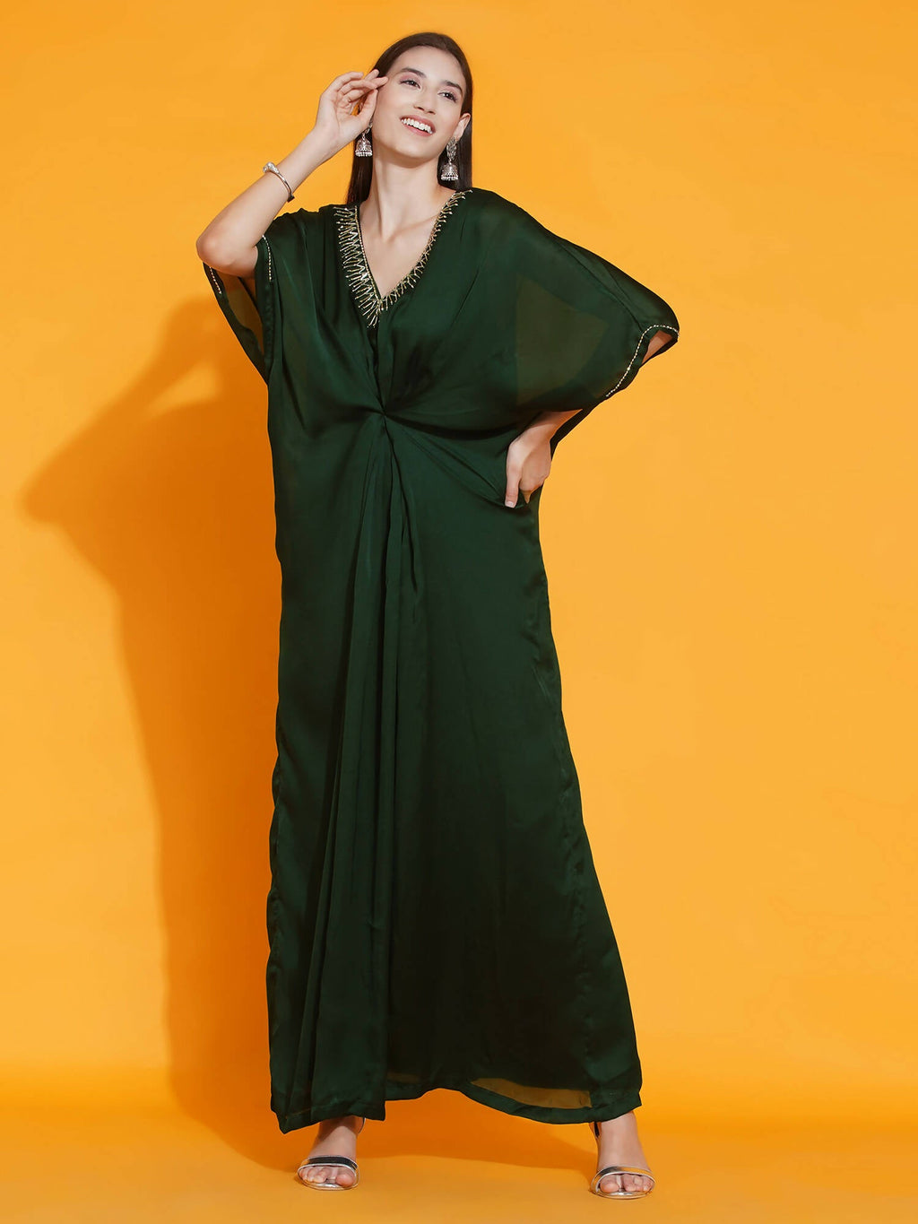 Women Republic Green Georgette Hand Embellished Kaftan Style Gown