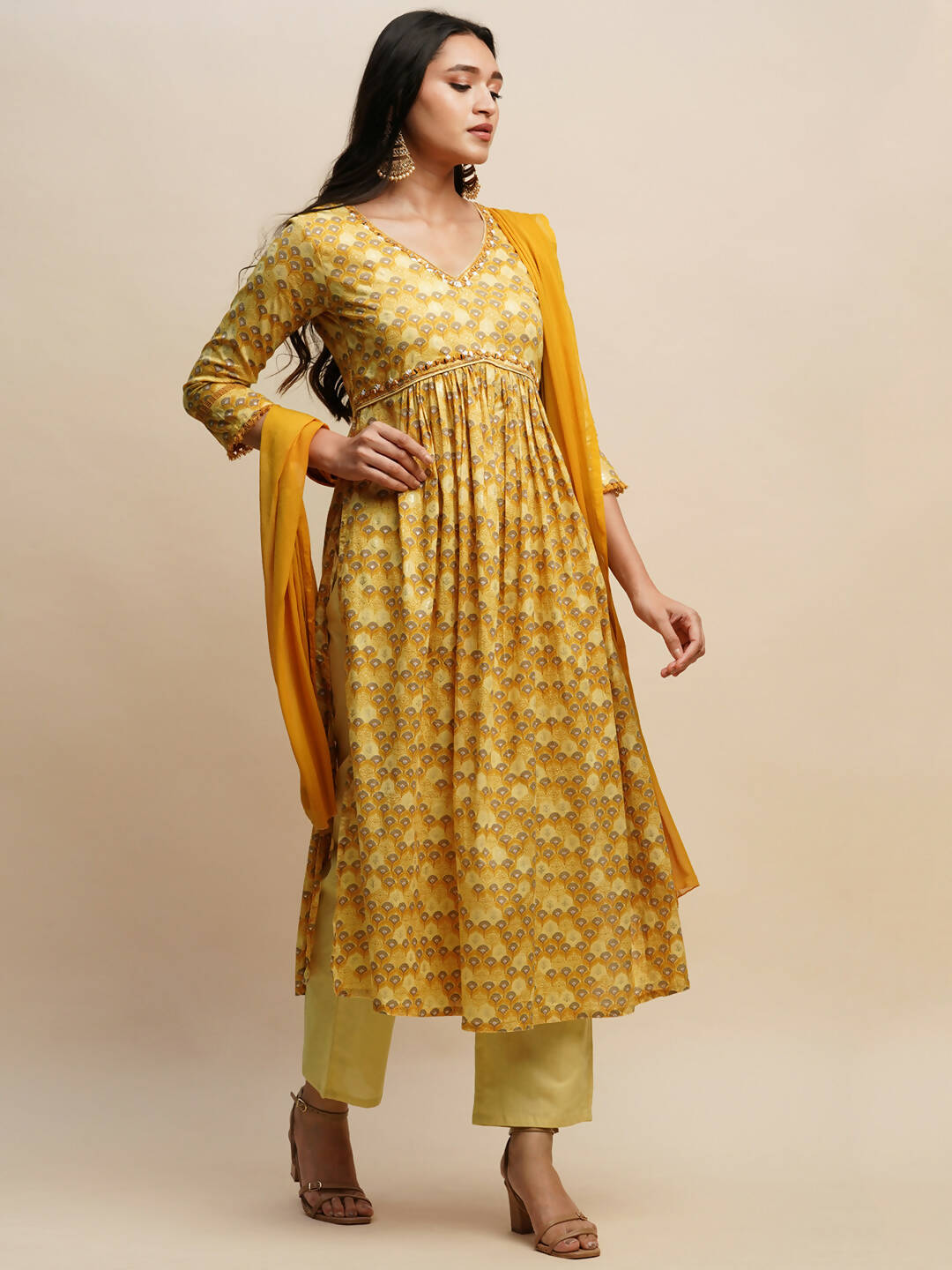 Mustard Pure Cotton Floral Printed Naira Cut Kurta And Bottom With Dupatta - Akashara