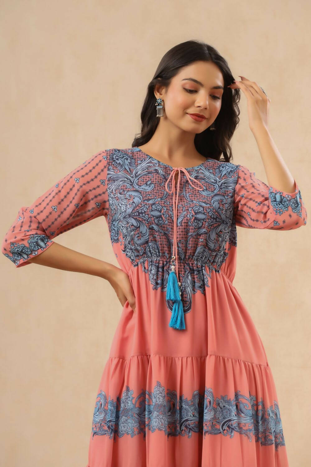 Juniper Womens Pink Georgette Printed Tiered Midi Dress