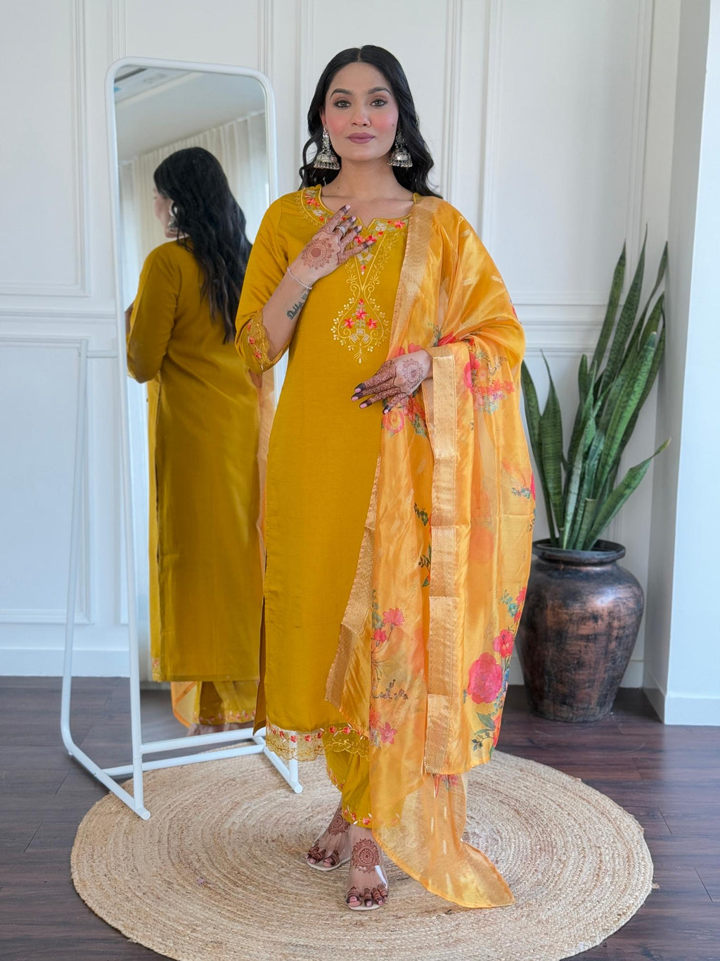 The52 Women's Roman Silk Embroidered Straight Kurta, Pant and Dupatta Set