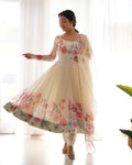 Teeya Creation Cream Color Digital Print Soft organza Anarkali With Pants And Dupatta