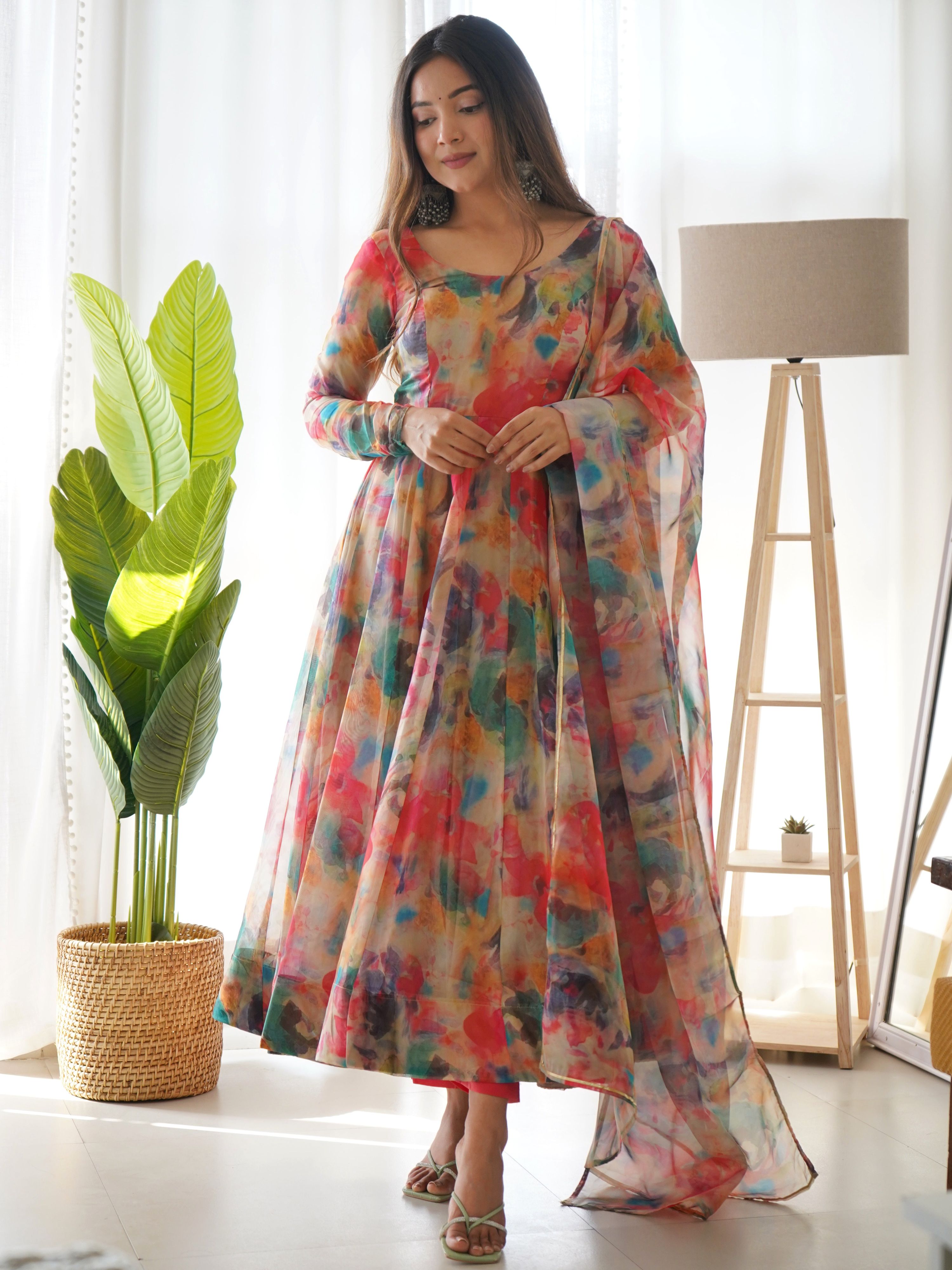 Teeya Creation Multicolor Digital Print Soft organza Anarkali With Pants And Dupatta